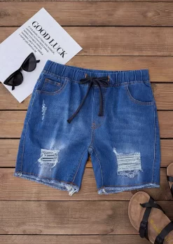 Frayed Hem Pocket Ripped Denim Shorts - Blue -Garment Sale Store SCM017835 3 62187870121972 124