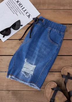 Frayed Hem Pocket Ripped Denim Shorts - Blue -Garment Sale Store SCM017835 3 62187870186939 124