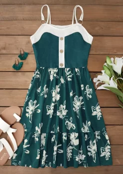 Floral Color Block Button Spaghetti Strap Mini Dress - Green -Garment Sale Store SCM017881 1 62583404750562 124