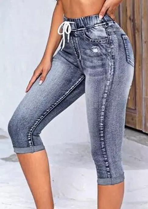 Pocket Ripped Hole Drawstring Capri Pants - Blue 3 Pocket Ripped Hole Drawstring Capri Pants - Blue