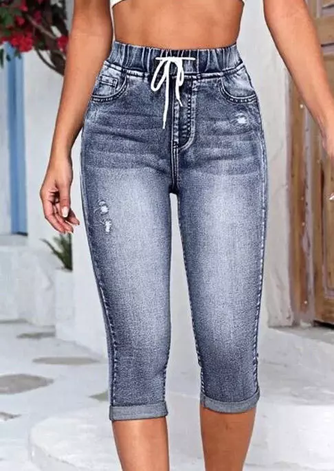 Pocket Ripped Hole Drawstring Capri Pants - Blue 4 Pocket Ripped Hole Drawstring Capri Pants - Blue - Image 2