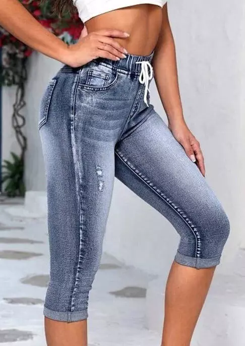 Pocket Ripped Hole Drawstring Capri Pants - Blue 6 Pocket Ripped Hole Drawstring Capri Pants - Blue - Image 4