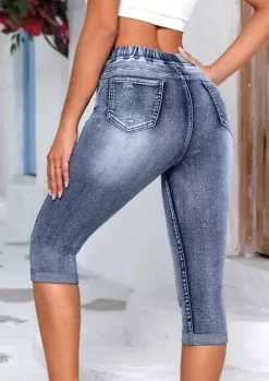 Pocket Ripped Hole Drawstring Capri Pants - Blue 11 Pocket Ripped Hole Drawstring Capri Pants - Blue -Garment Sale Store SCM017890 1 62951057010780 124