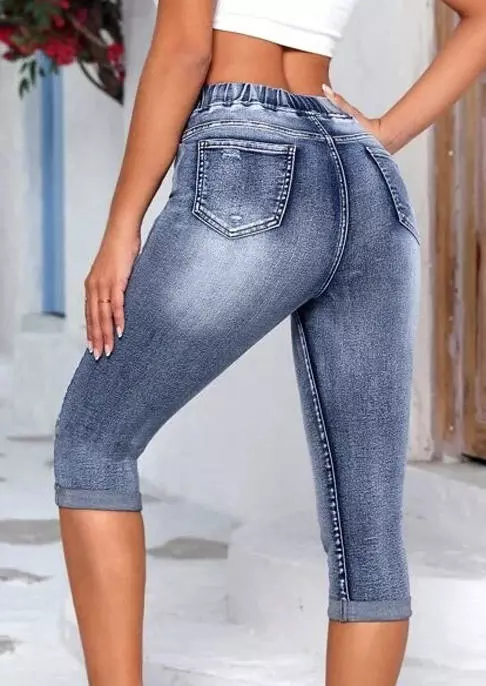 Pocket Ripped Hole Drawstring Capri Pants - Blue 7 Pocket Ripped Hole Drawstring Capri Pants - Blue - Image 5