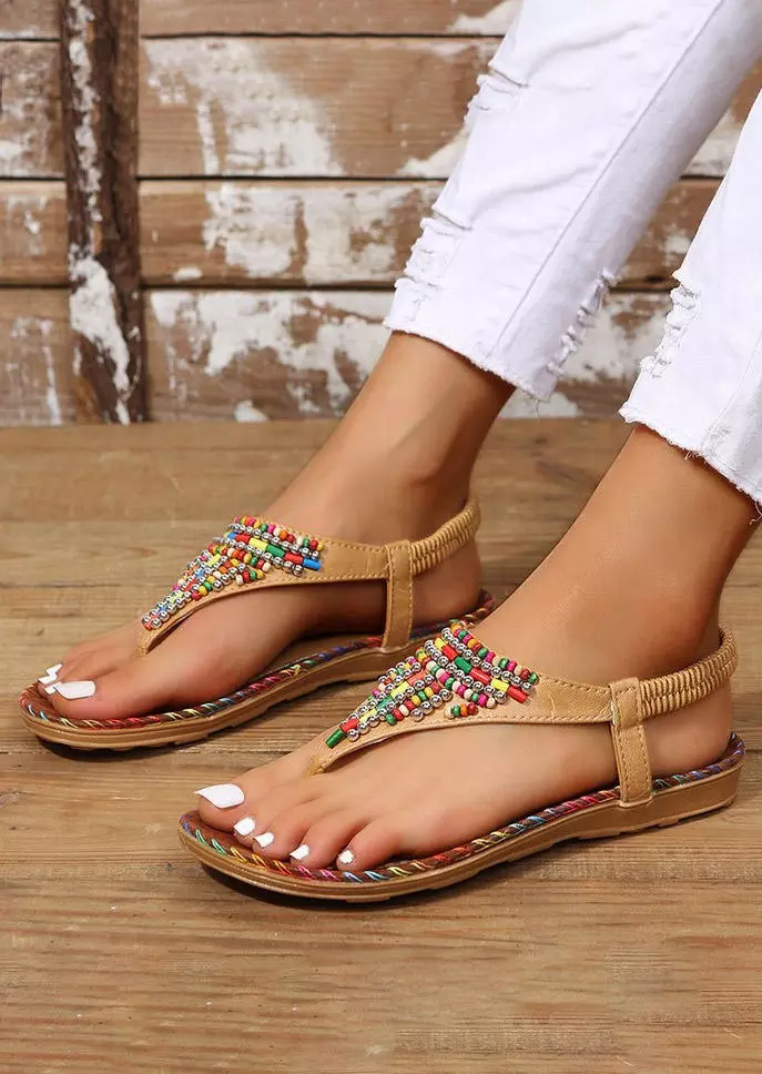 Bohemian Colorful Beading Flip Flops Flat Sandals - Brown 6 Bohemian Colorful Beading Flip Flops Flat Sandals - Brown - Image 4