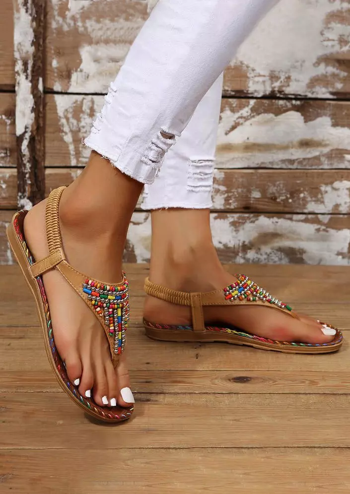 Bohemian Colorful Beading Flip Flops Flat Sandals - Brown 8 Bohemian Colorful Beading Flip Flops Flat Sandals - Brown - Image 6