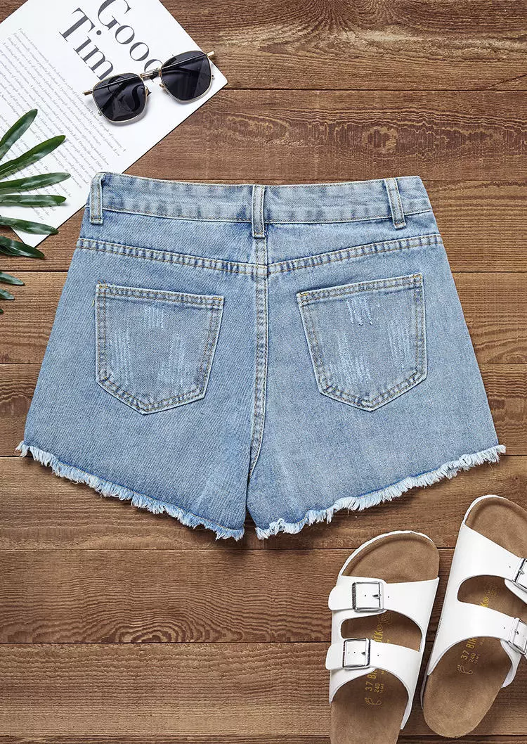 Patch Frayed Hem Pocket Denim Shorts - Light Blue 6 Patch Frayed Hem Pocket Denim Shorts - Light Blue - Image 4