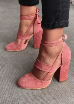 Chunky Strappy Hollow Out Tie Heels - Pink