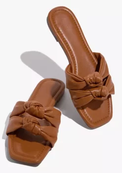 Knot-Strap Flat Square Toe Slippers - Brown 8 Knot-Strap Flat Square Toe Slippers - Brown -Garment Sale Store SCM018267 2 63074000494512 124