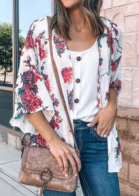 Floral Three Quarter Sleeve Open Front Cardigan 3 Floral Three Quarter Sleeve Open Front Cardigan