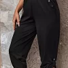 Button Elastic Waist Casual Capri Pants - Black 1 Button Elastic Waist Casual Capri Pants - Black -Garment Sale Store SCM018424 1 63062911910273 124