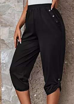 Button Elastic Waist Casual Capri Pants - Black