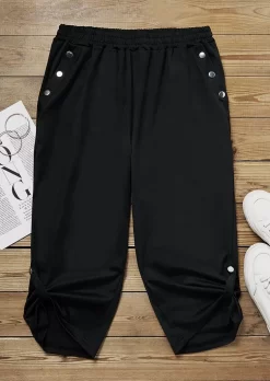 Button Elastic Waist Casual Capri Pants - Black -Garment Sale Store SCM018424 1 70384057903277 124