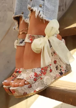 Ditsy Floral Bowknot Peep Toe Wedge Sandals