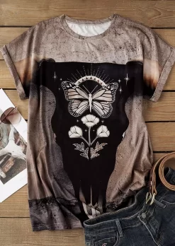 Steer Skull Butterfly O-Neck T-Shirt Tee -Garment Sale Store SCM018635 1 71473659173766 124