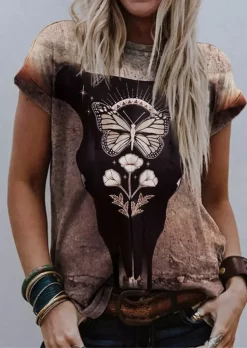 Steer Skull Butterfly O-Neck T-Shirt Tee