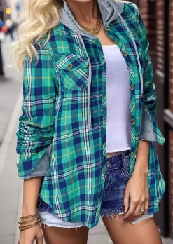 Plaid Pocket Fake Two-Piece Hooded Shirt - Green