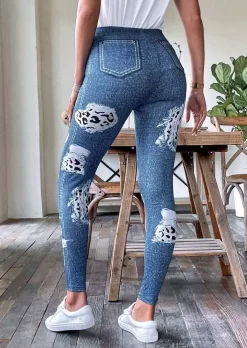 Leopard Fake Pocket Elastic Waist Skinny Leggings - Blue 10 Leopard Fake Pocket Elastic Waist Skinny Leggings - Blue -Garment Sale Store SCM018719 1 72029613060645 124