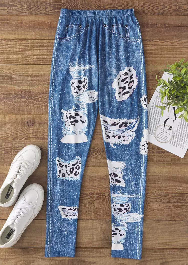 Leopard Fake Pocket Elastic Waist Skinny Leggings - Blue 6 Leopard Fake Pocket Elastic Waist Skinny Leggings - Blue - Image 4