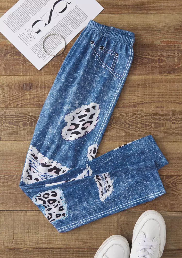 Leopard Fake Pocket Elastic Waist Skinny Leggings - Blue 7 Leopard Fake Pocket Elastic Waist Skinny Leggings - Blue - Image 5