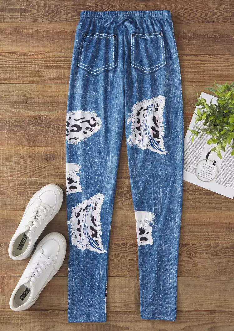 Leopard Fake Pocket Elastic Waist Skinny Leggings - Blue 8 Leopard Fake Pocket Elastic Waist Skinny Leggings - Blue - Image 6