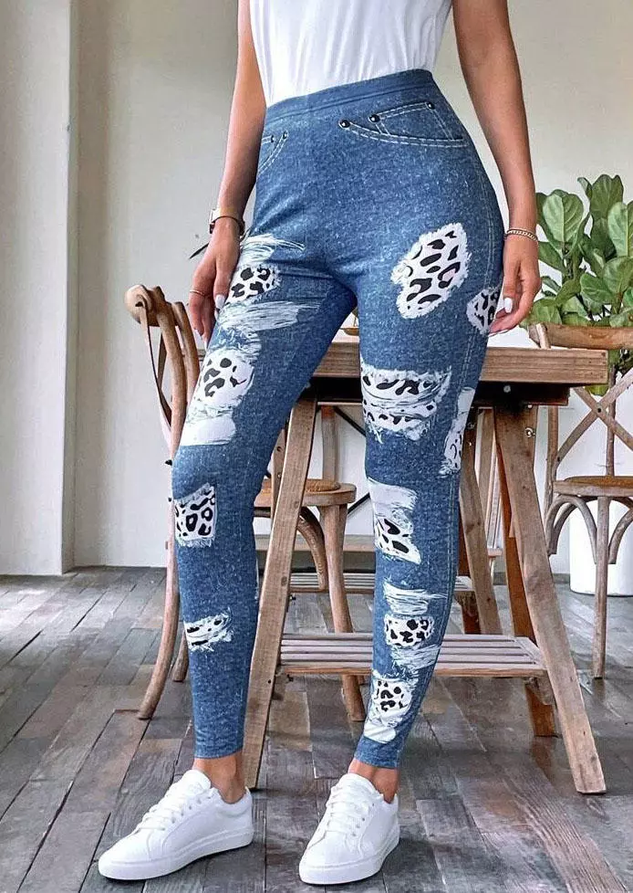 Leopard Fake Pocket Elastic Waist Skinny Leggings - Blue 3 Leopard Fake Pocket Elastic Waist Skinny Leggings - Blue