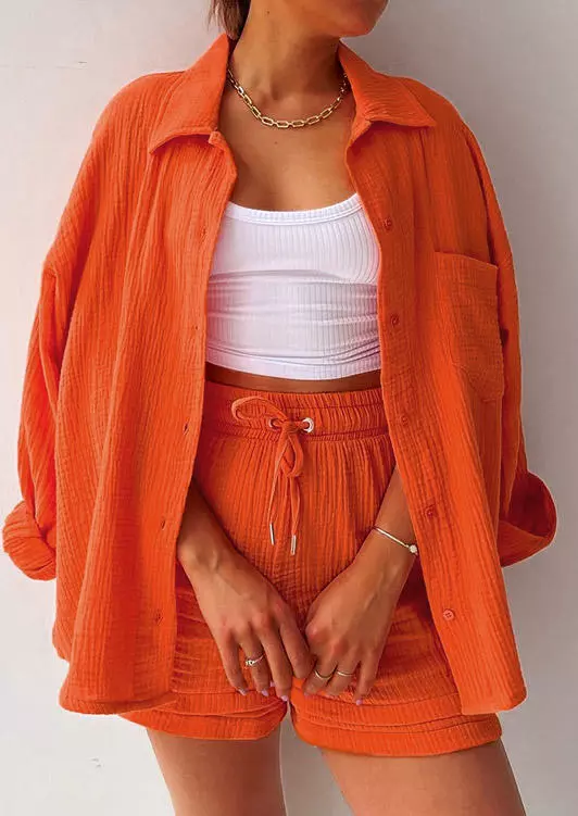 Button Pocket Shirt And Tie Shorts Two-Piece Set - Orange 3 Button Pocket Shirt And Tie Shorts Two-Piece Set - Orange