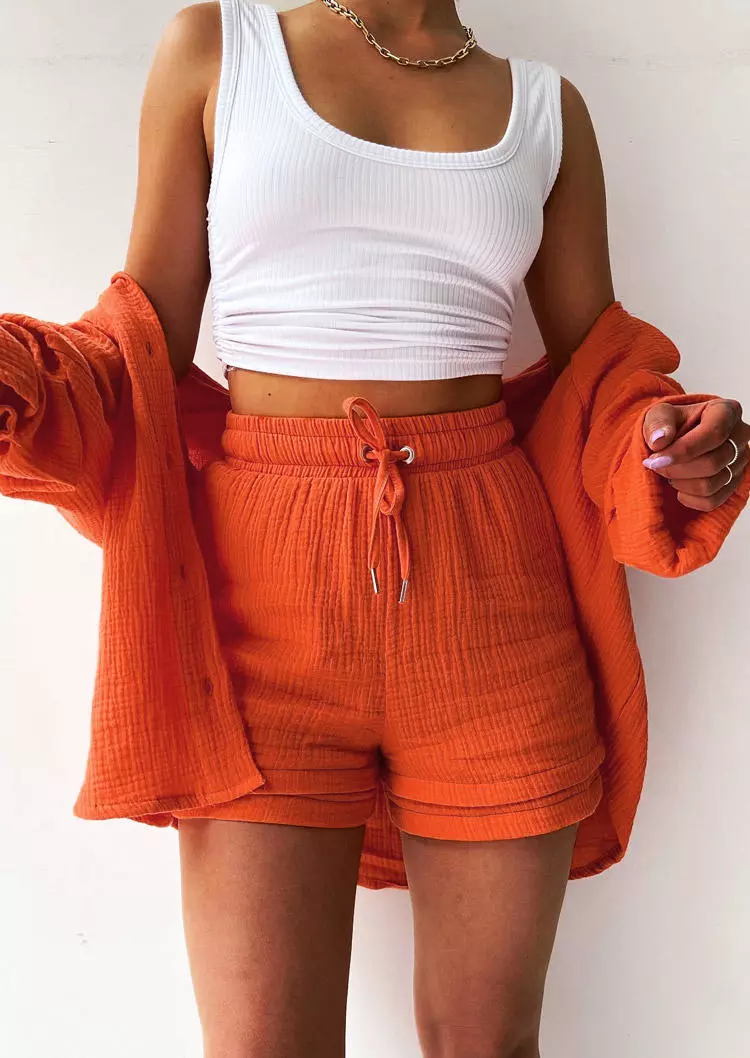 Button Pocket Shirt And Tie Shorts Two-Piece Set - Orange 4 Button Pocket Shirt And Tie Shorts Two-Piece Set - Orange - Image 2
