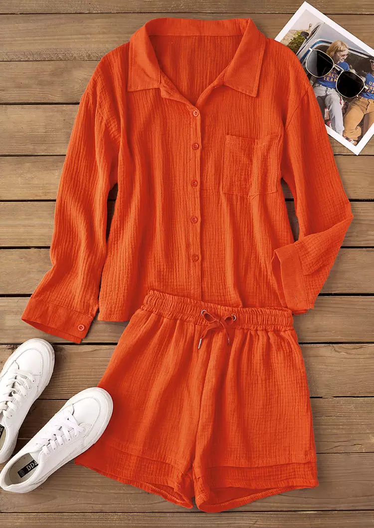 Button Pocket Shirt And Tie Shorts Two-Piece Set - Orange 5 Button Pocket Shirt And Tie Shorts Two-Piece Set - Orange - Image 3