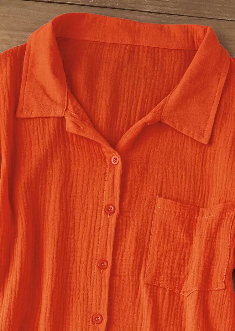 Button Pocket Shirt And Tie Shorts Two-Piece Set - Orange 6 Button Pocket Shirt And Tie Shorts Two-Piece Set - Orange - Image 4