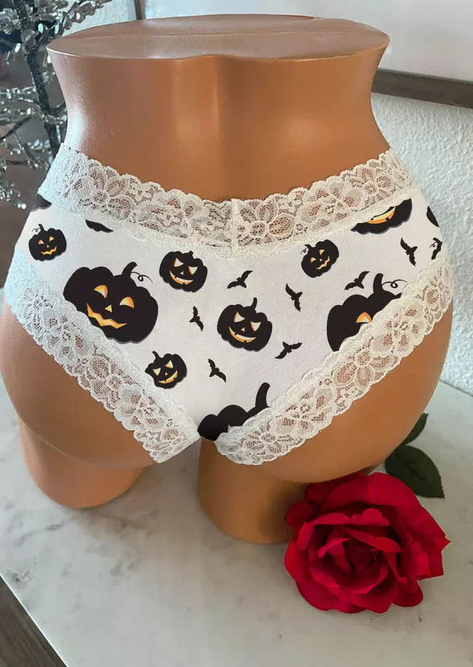 Halloween Pumpkin Face Lace Splicing Panties - White 3 Halloween Pumpkin Face Lace Splicing Panties - White
