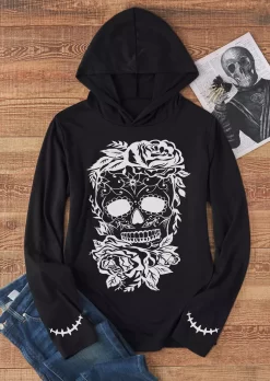 Halloween Skull Floral Thumbhole Hoodie - Black 7 Halloween Skull Floral Thumbhole Hoodie - Black -Garment Sale Store SCM018900 1 71987871558590 124