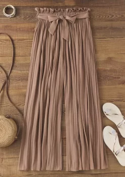 Pleated High Waist Chiffon Wide Leg Pants - Khaki -Garment Sale Store SCM018932 4 71839570135747 124