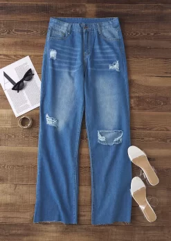 Pocket Button Ripped Hole Denim Jeans - Blue -Garment Sale Store SCM018934 4 71957486827241 124