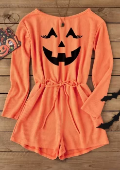 Halloween Pumpkin Face Ribbed Pocket Romper - Orange -Garment Sale Store SCM019019 1 72290445890584 124