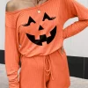 Halloween Pumpkin Face Ribbed Pocket Romper - Orange 1 Halloween Pumpkin Face Ribbed Pocket Romper - Orange -Garment Sale Store SCM019019 1 72290446137104 124