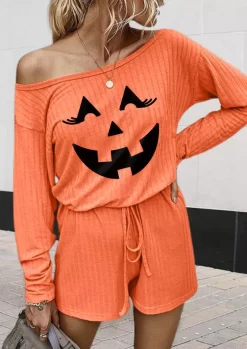 Halloween Pumpkin Face Ribbed Pocket Romper - Orange
