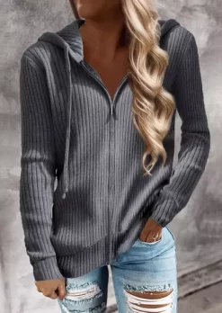 Ribbed Zipper Long Sleeve Hoodie - Gray