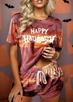 Happy Halloween Pumpkin Face Blouse And Skull Shorts Pajamas Set