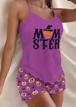 Halloween Pumpkin Face Camisole And Boo Spider Shorts Pajamas Set - Purple