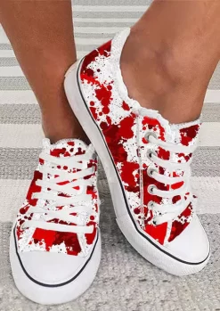 Halloween Blood Splatter Frayed Lace Up Flat Sneakers - Red