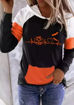 Halloween Color Block Pumpkin Face Bat Heartbeat Kangaroo Pocket Hoodie