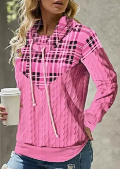 Plaid Drawstring Sweatshirt - Pink