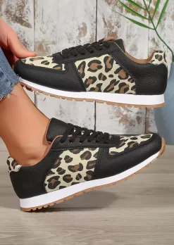 Leopard Lace Up Round Toe Flat Sneakers