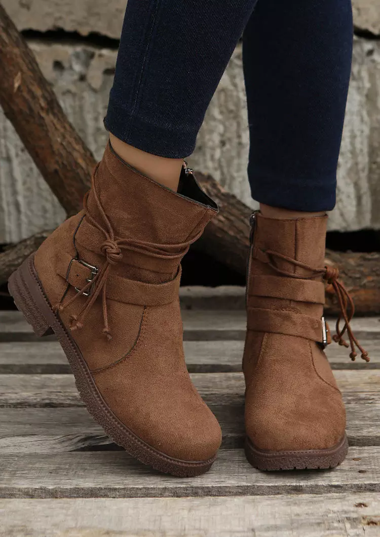 Zipper Buckle Strap Tie Boots - Brown 3 Zipper Buckle Strap Tie Boots - Brown
