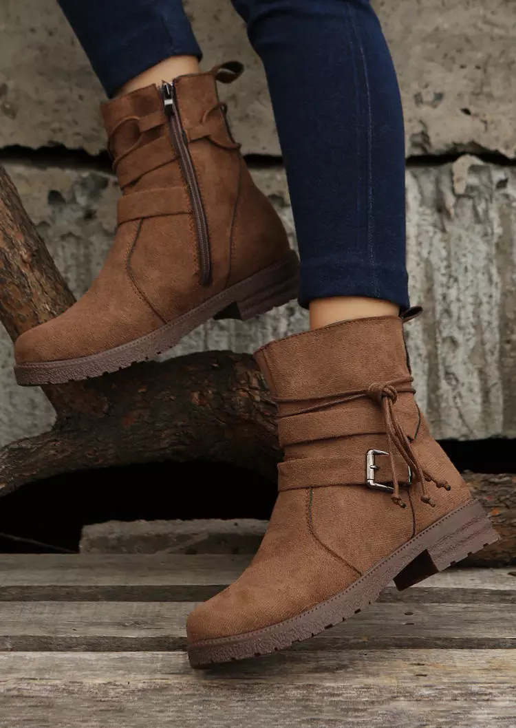 Zipper Buckle Strap Tie Boots - Brown 6 Zipper Buckle Strap Tie Boots - Brown - Image 4