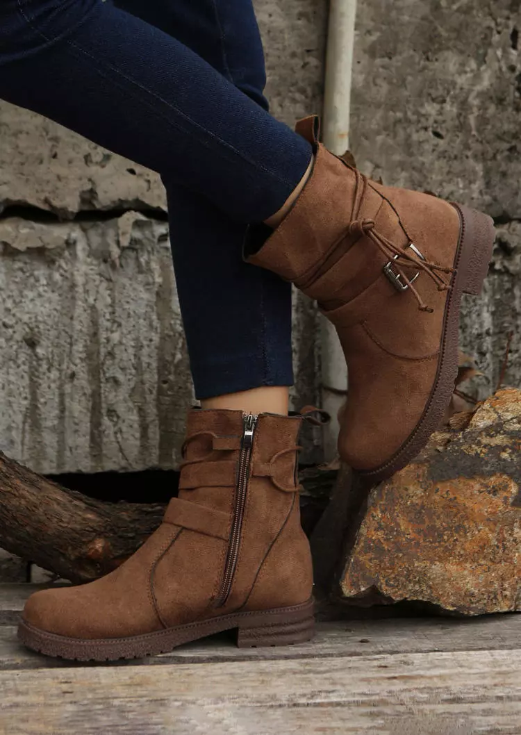 Zipper Buckle Strap Tie Boots - Brown 7 Zipper Buckle Strap Tie Boots - Brown - Image 5