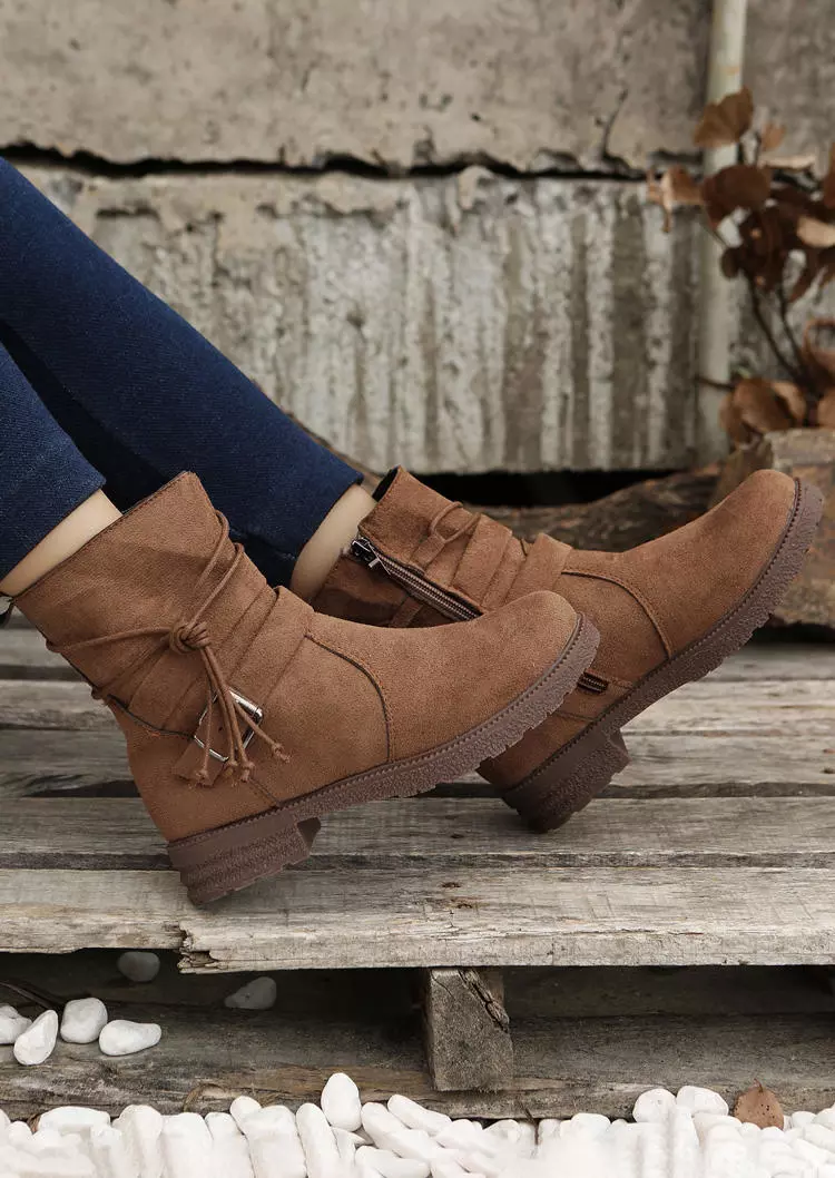 Zipper Buckle Strap Tie Boots - Brown 9 Zipper Buckle Strap Tie Boots - Brown - Image 7