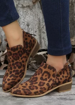 Leopard Zipper Western Chunky Ankle Boots