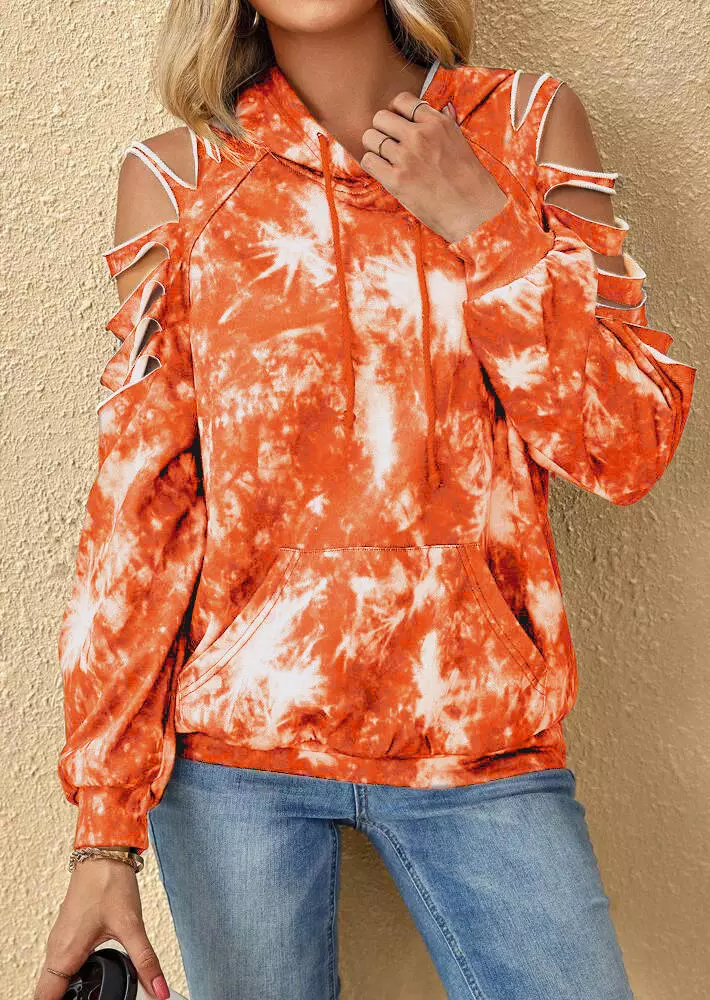 Tie Dye Cut Out Kangaroo Pocket Cold Shoulder Hoodie 4 Tie Dye Cut Out Kangaroo Pocket Cold Shoulder Hoodie - Image 2
